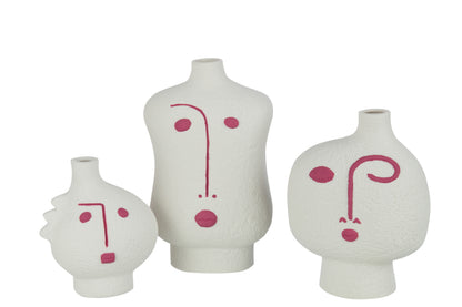 Juego De 3 Jarrones Cara Abstracto Porcelana Fucsia/Blanco